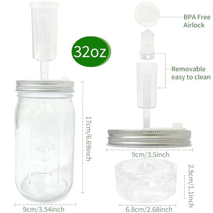 2 Pack Mason Jar Fermentation Kit(Jars Included)32 oz Wide Mouth Fermentation Jars with Plastic Lids,Airlock Lids & Glass Weights,Complete Mason Jar Set for Sauerkraut, Pickles,Kimchi, Hot Sauce,Mead