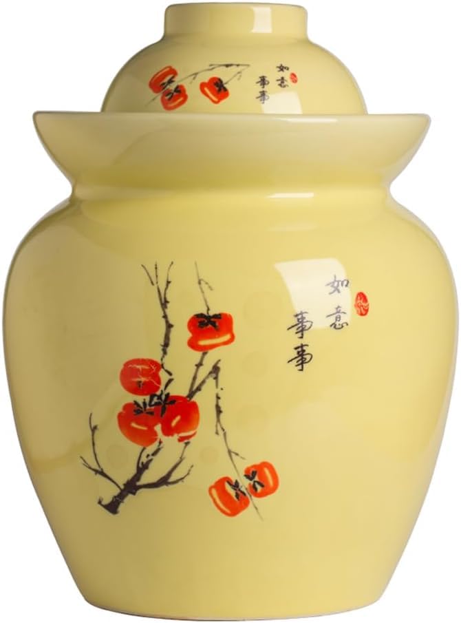 ELEFOCUS Large Yellow Traditional Chinese Porcelain Pickle Jar Pickling Jars,Ceramic Fermentation Crock With Water Seal Airlock Lid(10L) - size: 10L