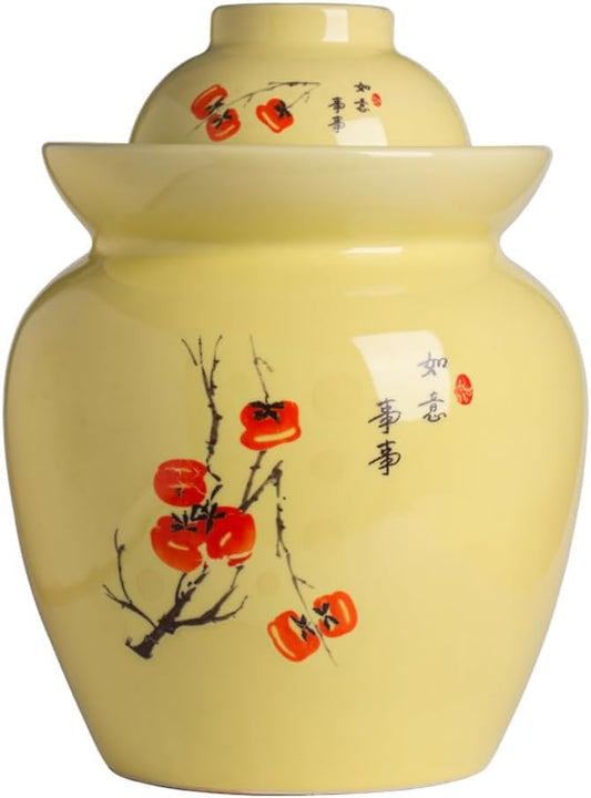 ELEFOCUS Large Yellow Traditional Chinese Porcelain Pickle Jar Pickling Jars,Ceramic Fermentation Crock With Water Seal Airlock Lid(3.5L) - size: 3.5L