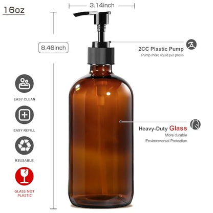4 Pack 16 oz Amber Glass Bottles with Pumps for Shampoo, Essential Oils, Cleaning Products, Lotions, Aromatherapy Oil, Pump Bottles, Refillable Containers with Cap, 8 Chalk Labels, 1 Pen - size: 16 oz Amber 4Pack