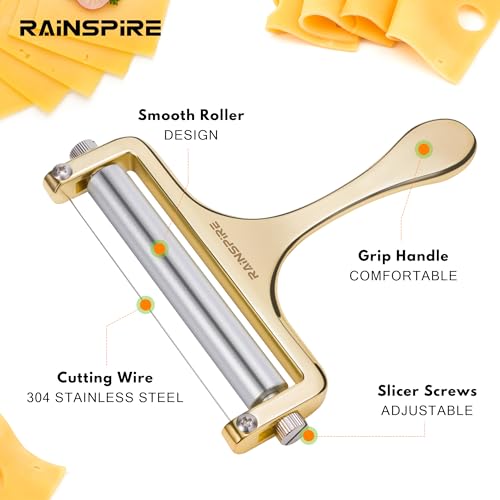 Rainspire Upgraded Cheese Slicer with Replaceable Wires Stainless Steel Cheese Slicers for Block Cheese Adjustable Cheese Cutter for Mozzarella, Cheddar, Gruyere Charcuterie Accessories, Gold
