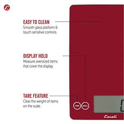 Escali Arti Glass Food Scale Digital Countertop Kitchen, Baking and Cooking Scale with Nutrition and Calorie Counter, 15-Pound Capacity, 9" x 6.5" x .75", Rio Red - color: Rio Red