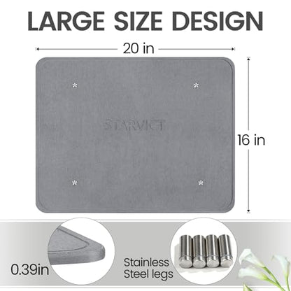 Large Stone Dish Drying Mats for Kitchen Counter,20"(L)×16"(W) Diatomaceous Earth Stone Mat With 4pc silver metal feet,Super Absorbent Fast Drying,Non-Slip Multi-purpose Kitchen Mat