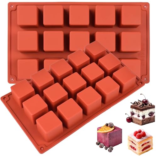 Square Silicone Mold, Cube Mousse Cake French Dessert Baking Molds, 2 Pack 15 Cavity Lollipop Silicone Molds for Soap, Candy Chocolate Cubes, Ice cream,Truffle,Brownie