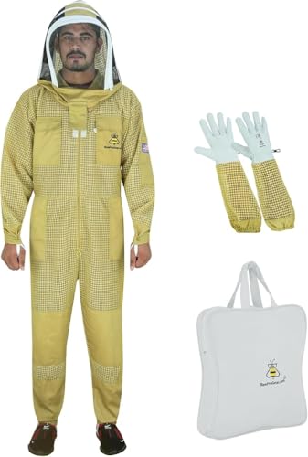 3-Layer Ultra Ventilated Mesh Beekeeping Suit for Men & Women with Veil Sting-Proof Bee Suit with Leather Gloves & Bag - color: Brown F, size: X-Large