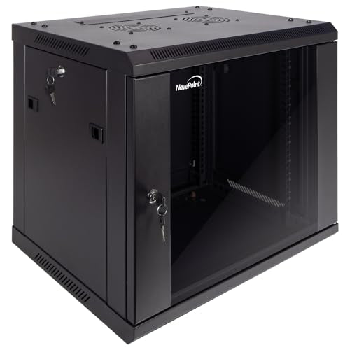 NavePoint 9U Server Cabinet Wall Mount Rack Enclosure Includes 2 Fans, Locking Glass Door, Removable Side Panels – 9U Network Cabinet 17.7” Deep, 19 Inch Server Rack for IT and A/V Equipment - size: 9U - 450mm Depth