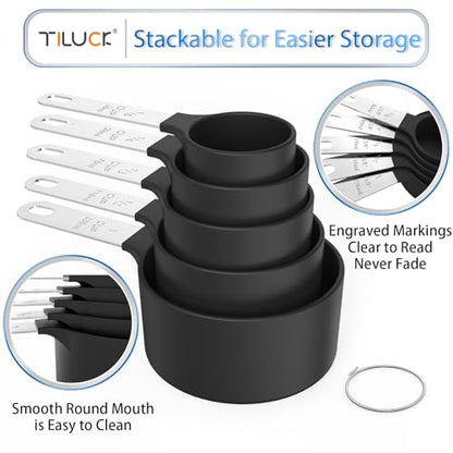 TILUCK Measuring Cups & Spoons Set, Stackable Cups and Spoons, Nesting Measure Cups with Stainless Steel Handle, Kitchen Gadgets for Cooking & Baking (Black) - color: Black