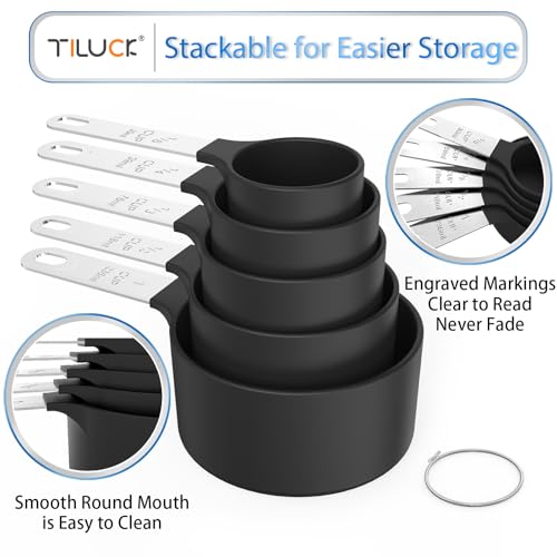 TILUCK Measuring Cups & Spoons Set, Stackable Cups and Spoons, Nesting Measure Cups with Stainless Steel Handle, Kitchen Gadgets for Cooking & Baking (Black) - color: Black