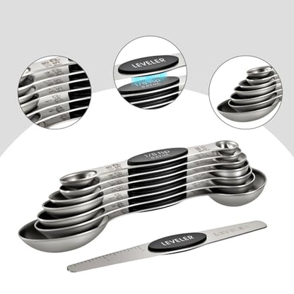 13-Piece Magnetic Measuring Spoons and Cups Set, Stainless Steel Kitchen Measure Tools with Silicone Handles, Nesting Dry and Liquid Measuring Cups for Baking Cooking (Black) - color: Black