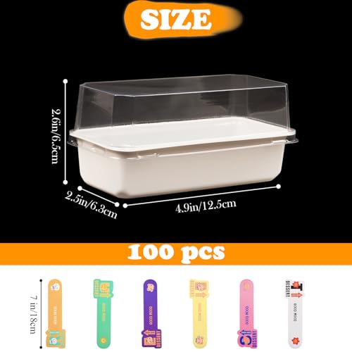 100 Pack Roll Cake Box with Stickers, Swiss Roll Plastic Containers, Sandwich Paper Box with Clear Lids, Muffin Cheese Pastry Dessert Box, Sushi Fruits Display, Bakery Pack,4.9 x 2.5 x 2.6 Inches