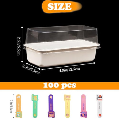 100 Pack Roll Cake Box with Stickers, Swiss Roll Plastic Containers, Sandwich Paper Box with Clear Lids, Muffin Cheese Pastry Dessert Box, Sushi Fruits Display, Bakery Pack,4.9 x 2.5 x 2.6 Inches
