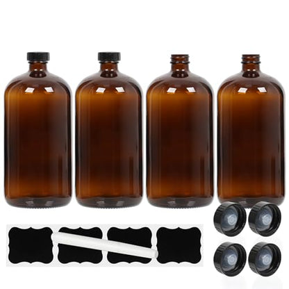 STARSIDE 32oz 4-Pack Amber Glass Boston Bottles with Airtight Seal & Caps | 1 Liter Glass Boston Round Bottles with Phenolic Poly Cone Caps, for Secondary Fermentation, Kombucha, Brewing and Juicing - size: L-32OZ-4pack