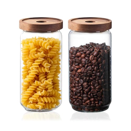 Glass Jars with Airtight Wood Lids - 34 OZ Kitchen Pantry Storage Containers, Decorative Canister for Fusilli, Spaghetti, Pasta, Sugar, Coffee Beans, Cereal, Oats, Candy, Cookie, Tea, Nuts, Set of 2 - color: 34 oz (Set of 2)