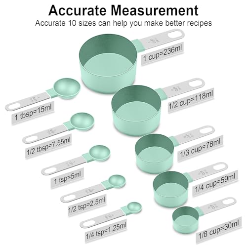 Measuring Cups and Spoons Set, 10 Pieces Nesting Measure Cups and Spoons, Kitchen Essentials Gadgets with Stainless Steel Handle for Dry & Liquid Ingredient (Lake Green 10 Pcs) - color: Lake Green 10 Pcs