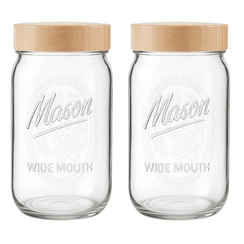 2 Pack Mason Jars 32 oz, Wide Mouth Glass Jars with Bamboo Airtight Lids for Food Storage, Snacks, Meal Prep & Lunch Leakproof - color: 2 Pack - Wood