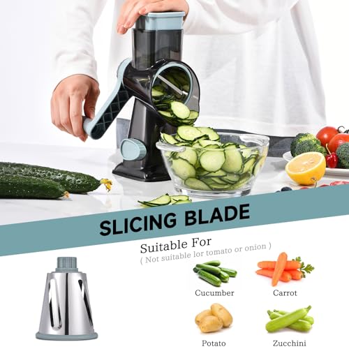 Rotary Cheese Grater with Handle Kitchen Shredder Slicer Grater Slicer Ice Shaver Cheese Vegetable Nuts Potato Zucchini Chocolate 3 Interchangeable Blades (GreyBlue - color: GreyBlue