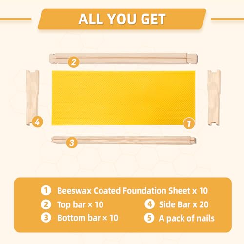 Medium Beehive Frames and Wax Foundations,10 Pack Honey Bee Frames with Wooden Bee Hive Frames and 100% Beeswax Coated Foundations, 6-1/4-Inch (Yellow) - size: 10 Pack Medium Frames-Yellow