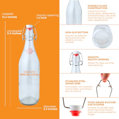 FastRack Swing Top Glass Bottles |33 oz – Pack of 6 | Clear Flip Top Glass Bottles for Home Brewing, Carbonated Drinks, Kombucha, Fermentation, Water | Food Grade – ECO Friendly - size: 6 Pack