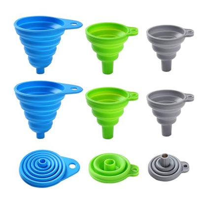 6 Pack Silicone Collapsible Funnels for Kitchen Use Filling Bottles, 3 Small and 3 Large Food Grade Kitchen Funnel Set for Filling Water, Oil, Spices, Powder – Silicone Funnels with Hook for Storage