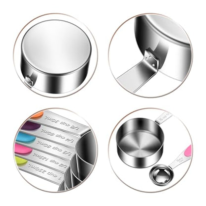 10-Piece Measuring Cups and Spoons Set, 304 Stainless Steel with Color-Coded Handles, Engraved Markings Never Fade, Plastic Free, Dishwasher Safe, Includes 1/8 Cup & 1/4 Tsp