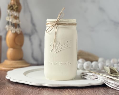 Ivory Painted Mason Jar | Vase for Flowers | 32 oz Quart Wide Mouth | 7" Height | Rustic Farmhouse Decor | Boho Decor | Kitchen Utensil Holder | Off White Vase | Flower Vase for Bouquet