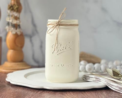 Ivory Painted Mason Jar | Vase for Flowers | 32 oz Quart Wide Mouth | 7" Height | Rustic Farmhouse Decor | Boho Decor | Kitchen Utensil Holder | Off White Vase | Flower Vase for Bouquet