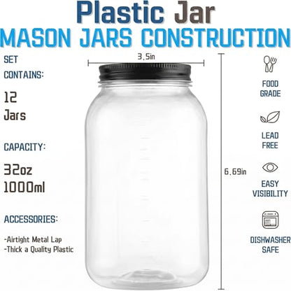 novelinks 32 oz Clear Plastic Jars with Lids and Plastic Mason Jars 32 oz | 12 Pack, Black, Plastic Quart Containers with Lids, Quart Mason Jars Bulk, Large Jars, Mason Jars for Centerpieces - color: Black