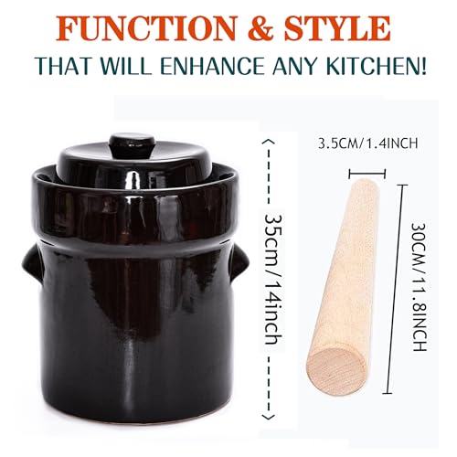 Fermentation Crock Jar 5 Liter / 1.3 Gallon - Stoneware Pot for Fermenting, Pickling Kimchi, Pickles, Vegetables, Kombucha - Glazed Fermenter with Stone Weights, Lid & Pickle Tamper
