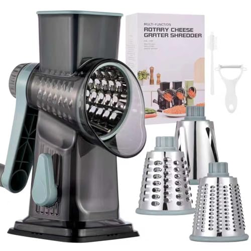Rotary Cheese Grater with Handle Kitchen Shredder Slicer Grater Slicer Ice Shaver Cheese Vegetable Nuts Potato Zucchini Chocolate 3 Interchangeable Blades (GreyBlue) - color: Blue