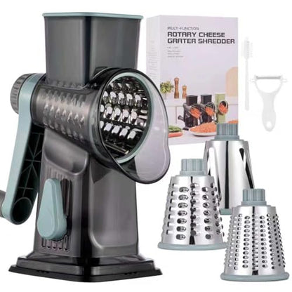 Rotary Cheese Grater with Handle Kitchen Shredder Slicer Grater Slicer Ice Shaver Cheese Vegetable Nuts Potato Zucchini Chocolate 3 Interchangeable Blades (GreyBlue) - color: Blue