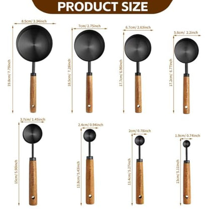 Black Measuring Cups and Spoons Set,8 Piece Stainless Steel Measuring Cup with Wood Handles for Cooking and Baking in the Kitchen - color: Black