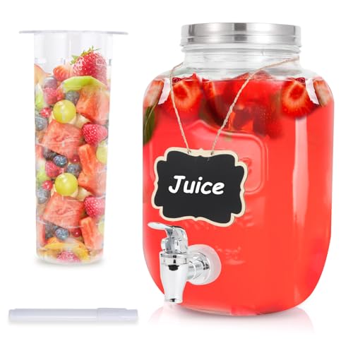 Drink Dispenser With Spigot,1 Gallon Glass Drink Dispensers For Parties,Beverage Dispenser with Fruit Infuser Sun Tea,Lemonade & Juice Dispenser for Parties, BBQ,Picnic,Weddings & Events - size: 1 Gallon Single