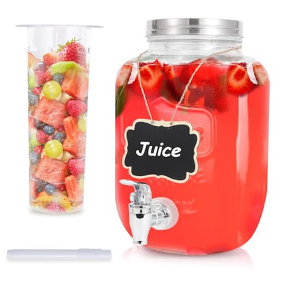 Drink Dispenser With Spigot,1 Gallon Glass Drink Dispensers For Parties,Beverage Dispenser with Fruit Infuser Sun Tea,Lemonade & Juice Dispenser for Parties, BBQ,Picnic,Weddings & Events - size: 1 Gallon Single