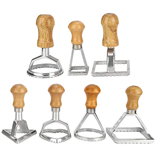 Tiiyee Ravioli Stamp Set, Pasta Cutter Press Dumplings Maker Mold Dough Dumpling Crimper Cookies Making Tool Wooden Handle Fluted Edge Kitchen Attachment Round Square Heart Shape for Lasagna Pierogi