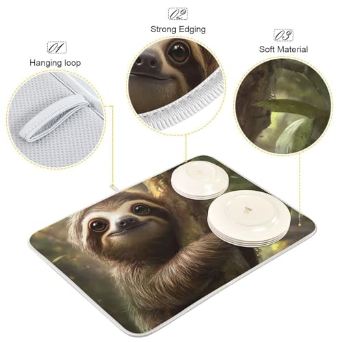 Cute Sloth on Tree Dish Drying Mat for Kitchen Counter Super Absorbent Draining Mat with Non-slip Backed Dishwashing Mat for Dish Cups Bowl Bottles Countertops Sinks Draining Racks