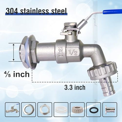 3/4" O.D. thread to 1/2 inch barb O.D. stainless steel home brewing bulkhead ball valve kit, for gallon beer pot brew kettle spigot mash tun （Extended valve body） - size: (extended) 3/4" thread - 1/2" barb