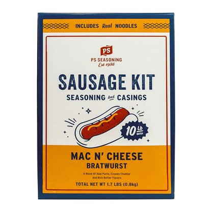PS Seasoning Cheddar Mac N’ Cheese Bratwurst Kit - Sausage making Seasoning And Natural Hog Casings For 10 Lbs Of Meat Easy Homemade Brats For Pork, Beef, Venison, Wild Game