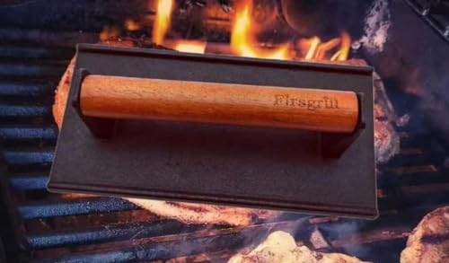 Firsgrill Burger Press 7.08" Round & 8.3”X4.3”Rectangle Heavy-Duty Cast Iron Smash Meat Steak with Wood Handle for Blackstone Camp Chef Pitboss Weber Treager Griddle (Round & Rectangle w Flat Bottom) - size: Round & Rectangle w Flat Bottom