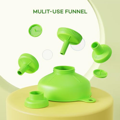 Pisol Wide Mouth Versatile Funnel, Canning Funnels for Kitchen Use, Plastic Cooking Funnel Set with 4 Size Spouts and 2 Strainers for Filling Different Bottles, Green