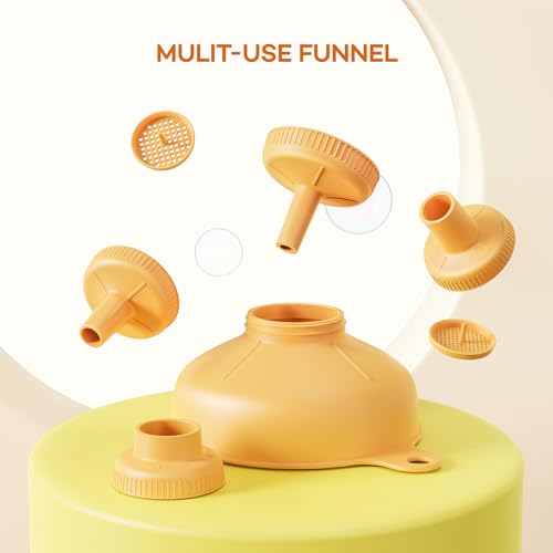 Pisol Wide Mouth Versatile Funnel, Canning Funnels for Kitchen Use, Food Grade Plastic Cooking Funnel Set with 4 Size Spouts and 2 Strainers for Filling Different Bottles and Bags, Orange