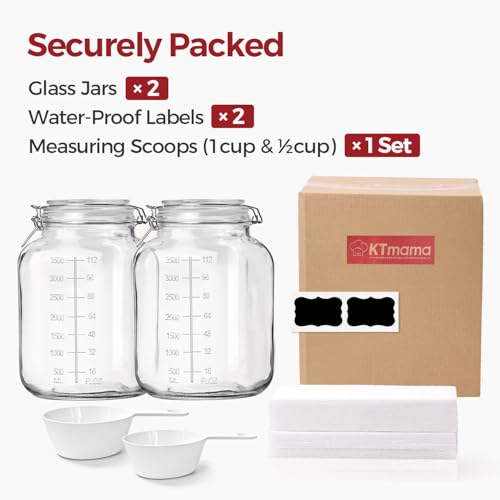 1.1 Gallon Wide Mouth Glass Canisters with Airtight Lids & Measurement Marks (2-Pack) – Includes 2 Measuring Scoops & Labels, Food Storage Jars for Flour, Sugar & Baking Supplies | BPA-Free