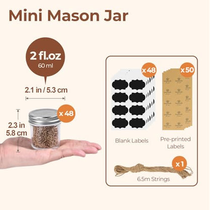 ComSaf 2 oz Mini Mason Jars Bulk Set, 48 Pack Glass Jars with Lids | Bpa-Free Materials, Ginger Shots, Honey Samples, Dressing Containers, Sauces, Spices, Wedding Favors, For Canning Project - size: 2oz*48