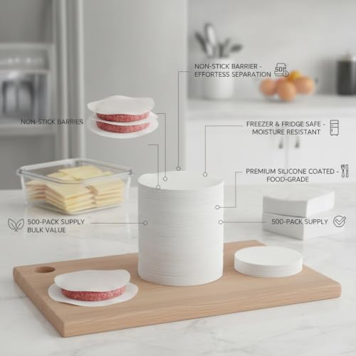 500-Count Pre-Cut Silicone Coated Parchment Sheets, Food Separation Paper for Freezer Storage, Burger Patties, and Cheese - size: 7.87 x 3.15 x 2.36 in