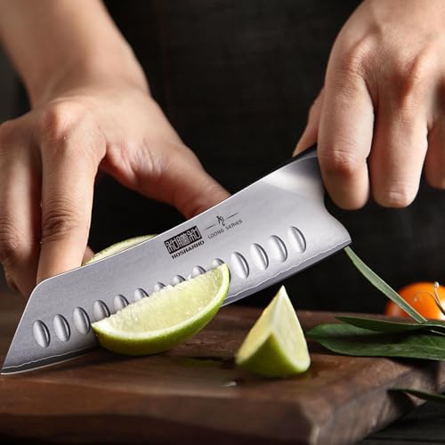 HOSHANHO 17.8cm(7인치) 일본 셰프 나이프, 매우 날카로운 고탄소 스테인리스 스틸 주방 칼, 인체 공학적 파카우드 손잡이가 있는 전문 산토쿠 나이프 - size: 7"