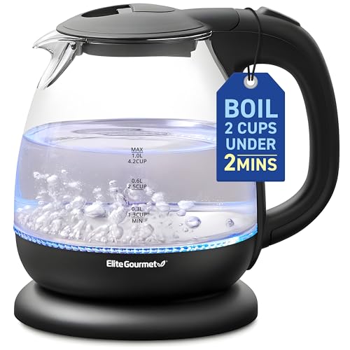 Elite Gourmet EKT1001B Electric 1.0L BPA-Free 1100W Glass Kettle Cordless 360° Base, Stylish Blue LED Interior, Handy Auto Shut-Off Function – Quickly Boil Water For Tea & More, Graphite Black - size: 1.1 Quarts