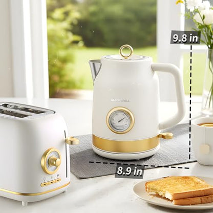 Retro Electric Kettle, 1.7L 304 Stainless Steel Tea Kettle with Temperature Gauge, 1500W Fast Boiling Water Boiler,Auto Shut-Off & Boil-Dry Protection, BPA-Free, Matte White and Gold - color: White and Gold