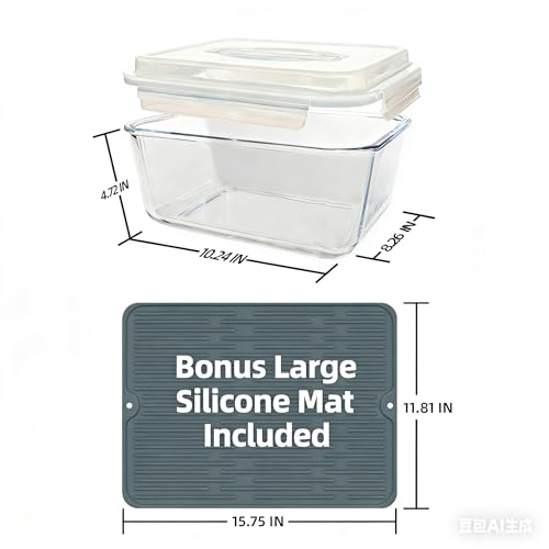 Extra Large Glass Storage Containers with Lids 200oz/6000ml/26cup | Silicone Mat Included | Borosilicate Glass | Airtight | Freezer Oven Dishwasher Safe | Rotisserie Chicken | XL Big Food Bowl - color: Light blue handle