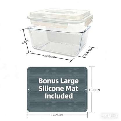 Extra Large Glass Storage Containers with Lids 200oz/6000ml/26cup | Silicone Mat Included | Borosilicate Glass | Airtight | Freezer Oven Dishwasher Safe | Rotisserie Chicken | XL Big Food Bowl - color: Light blue handle