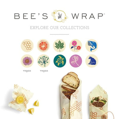 Bee's Wrap Vegan Beeswax Wraps for Food - 3 Pack of Assorted Beeswax Wraps - Small, Medium & Large Wrap - Plastic Free Made in USA Reusable Natural Food Wrap - Meadow Magic Print - style: Vegan Meadow Magic