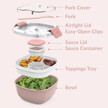 Bentgo Salad Container - 54 oz Bowl with 4-Compartment Toppings Tray, Dressing Container, Reusable Fork, BPA-Free Lunch Box for Meal Prep & Food Storage; Removable Bento Tray (Blush Marble) - color: Blush Marble